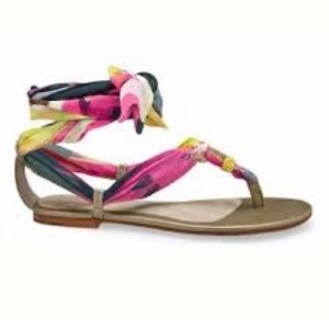 UGG Australia Khloe Pink/Yellow Scarf- Tie Leather Sole Flat Sandals Women’s 8